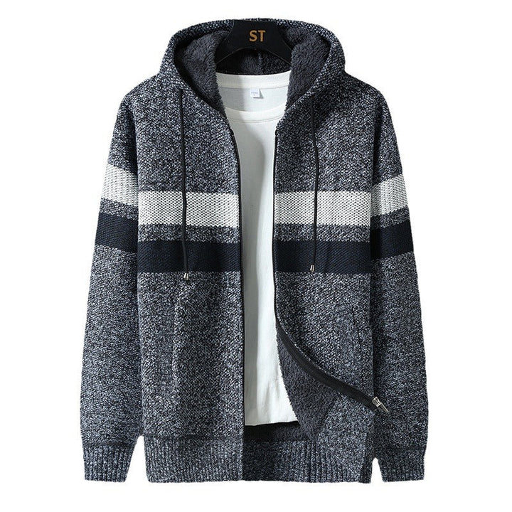 Full-length zip fastening on a men's knitted hooded jacket
