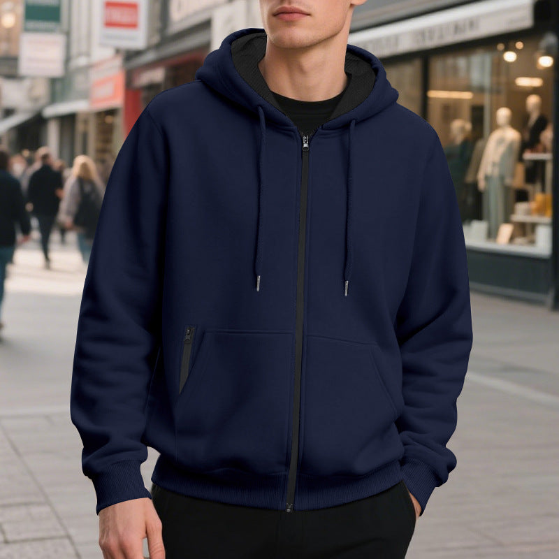 Front view of a men's oversized hoodie with full-length zip