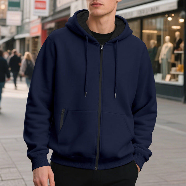 Front view of a men's oversized hoodie with full-length zip