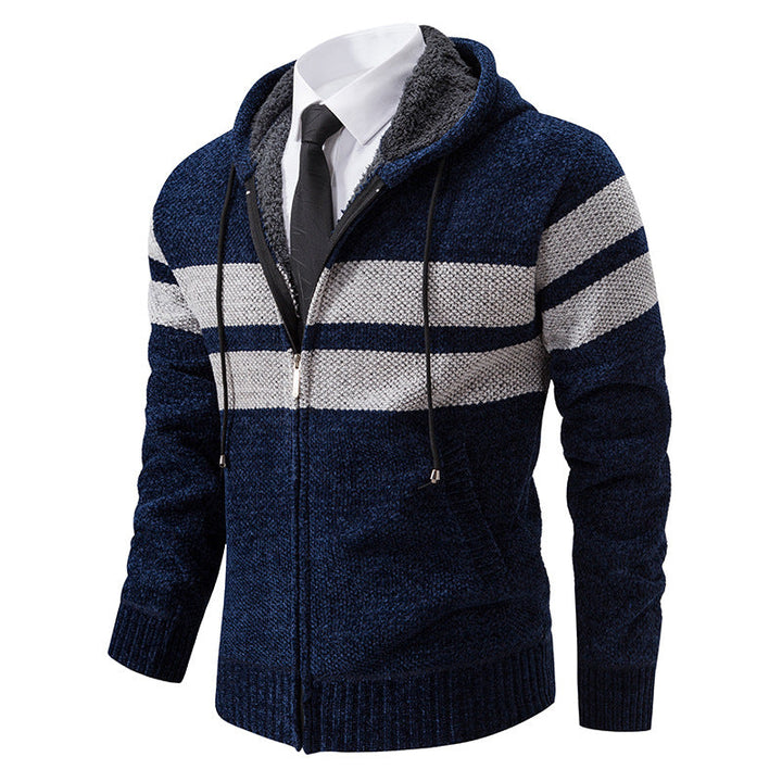 Concealed zip fastening on a men's textured knit jacket
