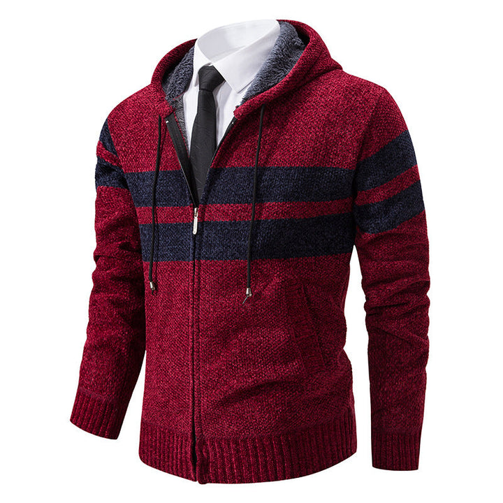 Men's Textured Knit Hooded Jacket With Teddy Lining