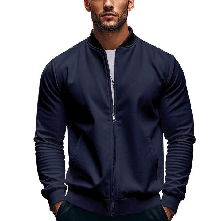Men's bomber jacket showing the stand collar and zip front