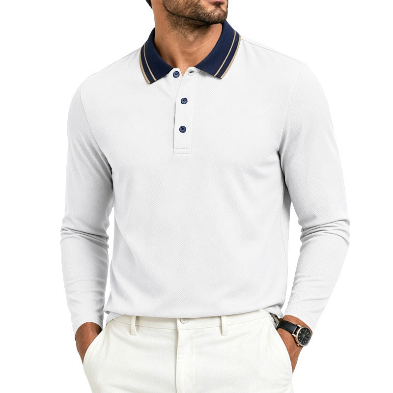Front view of a men's long-sleeve polo shirt with a collared neckline