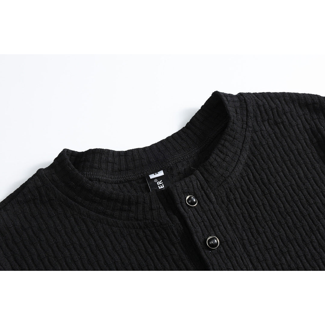 Full-length view of the men's band collar ribbed short sleeve shirt