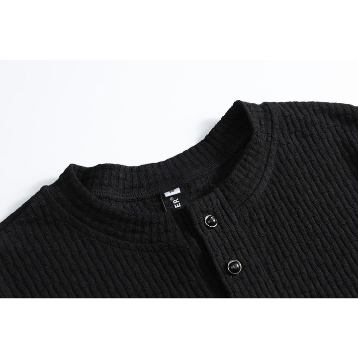 Full-length view of the men's band collar ribbed short sleeve shirt