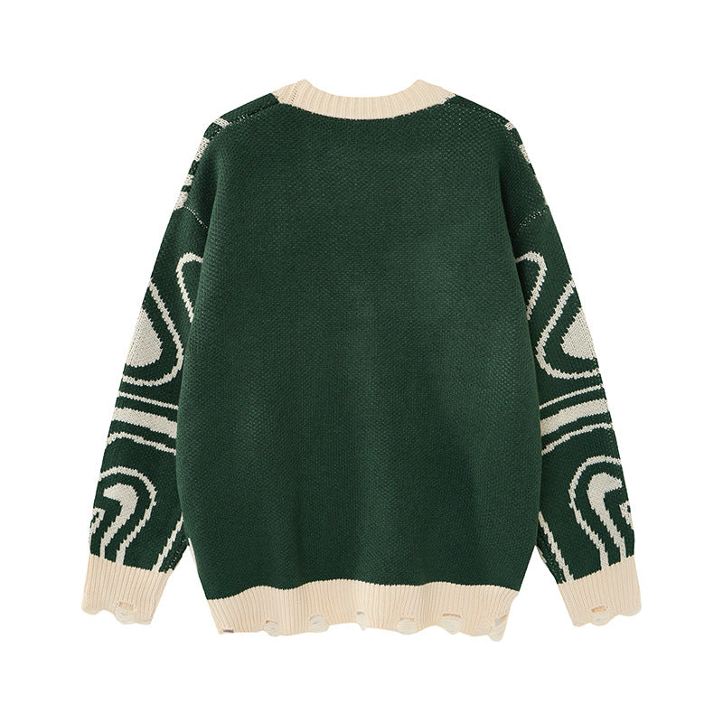 Side view of the men's abstract swirl knit cardigan