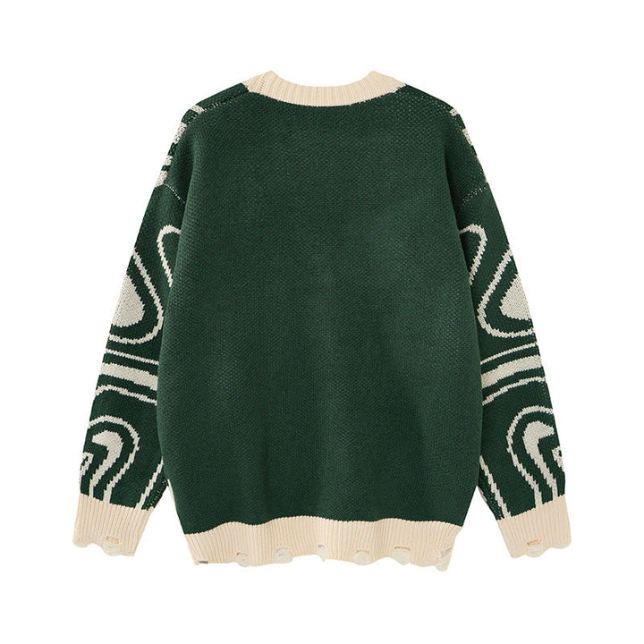 Side view of the men's abstract swirl knit cardigan