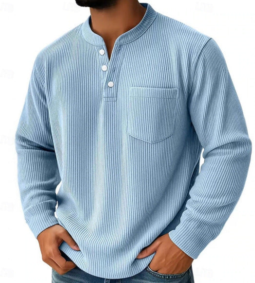 Men's Waffle Knit Henley Shirt Stand Collar Pocket