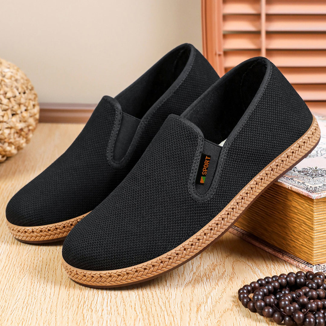 Men's knitted slip-on shoes showing the easy-entry design