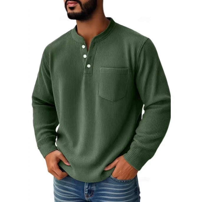 Front view of a men's waffle knit Henley shirt with a stand collar