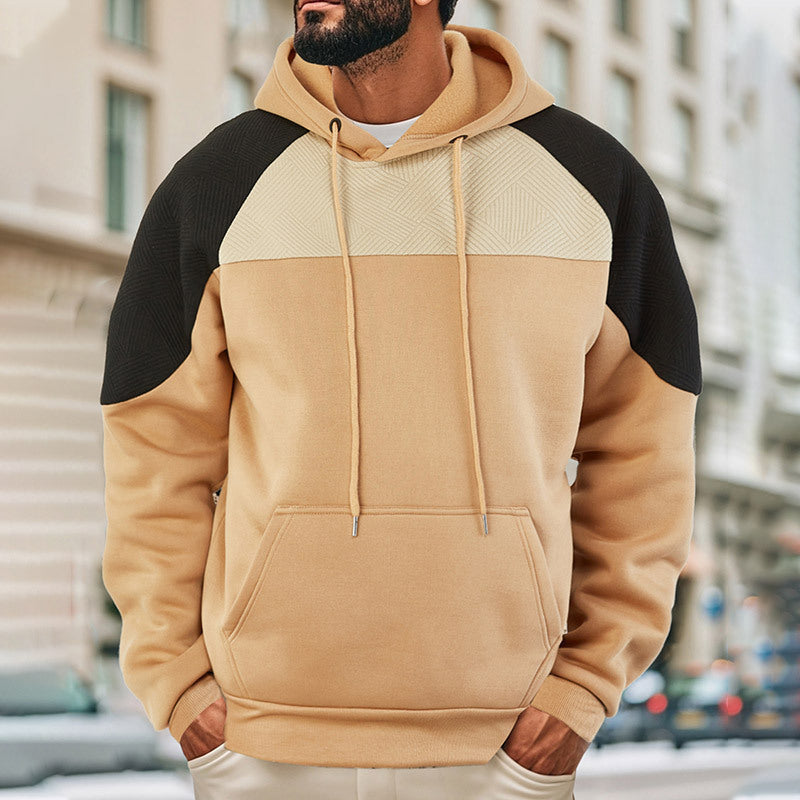 Men's textured panel pullover hoodie with a kangaroo pocket