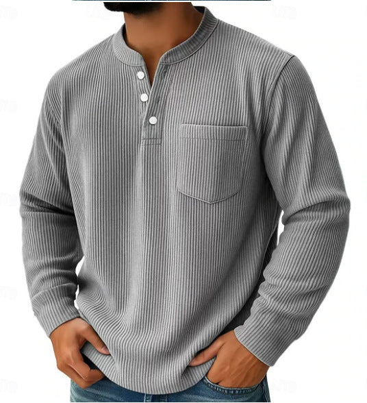 Men's Waffle Knit Henley Shirt Stand Collar Pocket