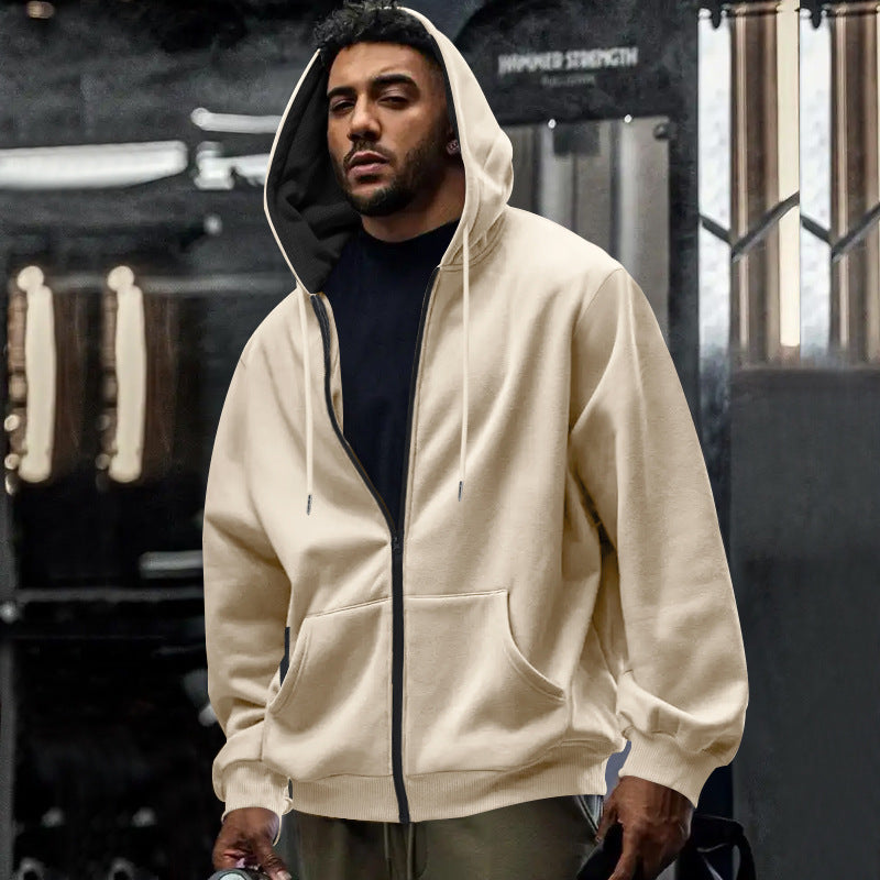 Full outfit view featuring a men's oversized zip hoodie