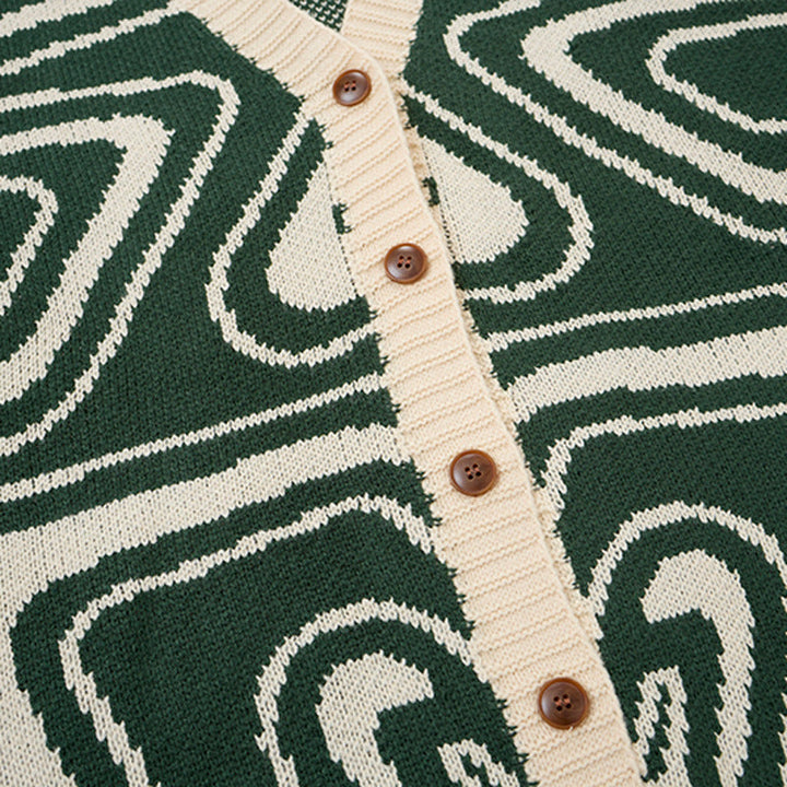 Detail of the V-neck on the men's knit cardigan
