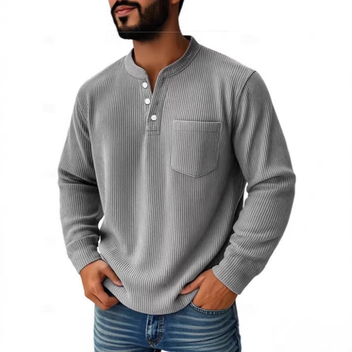 Men's Henley shirt showing the stand collar and button placket