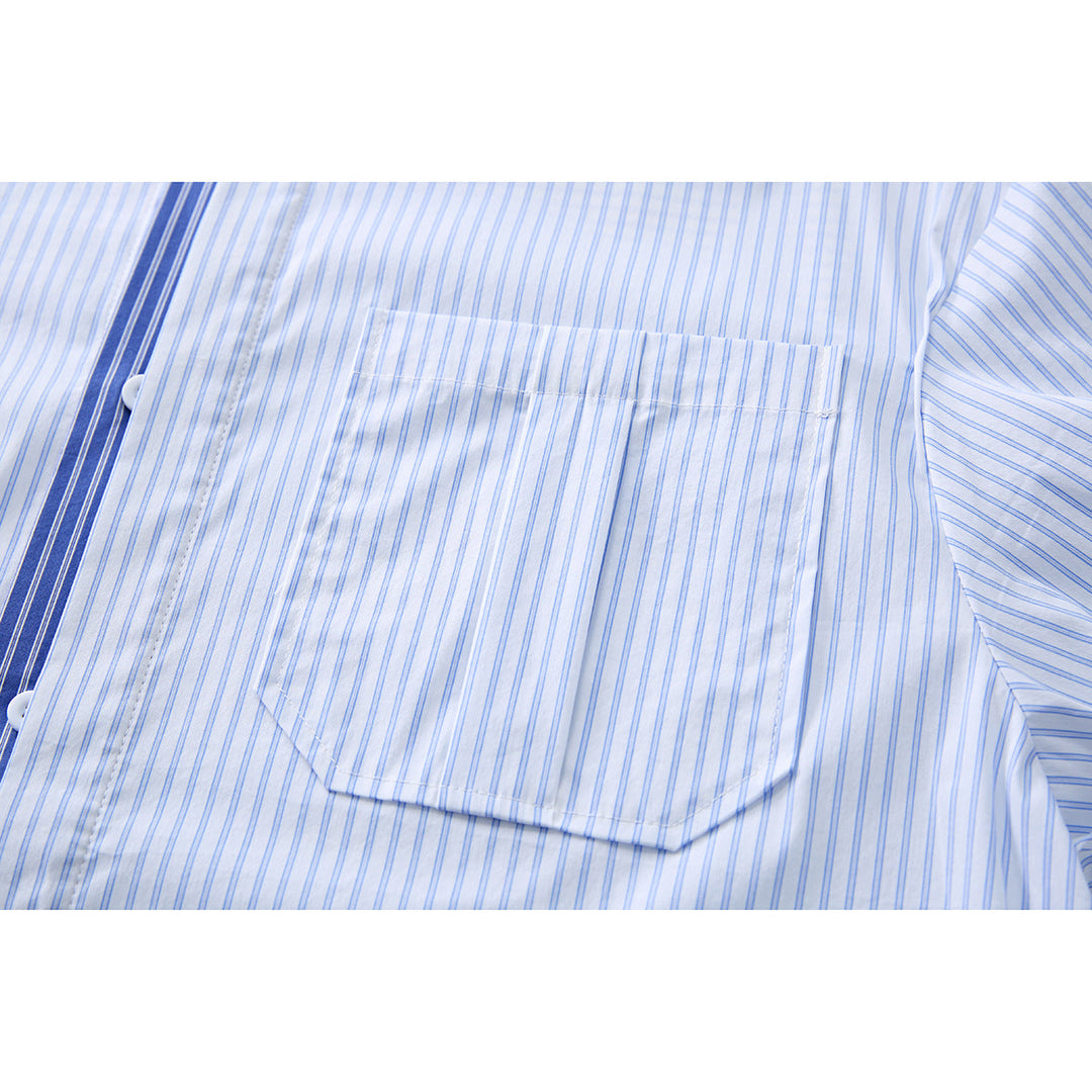 Model wearing men's blue striped short sleeve button-up shirt