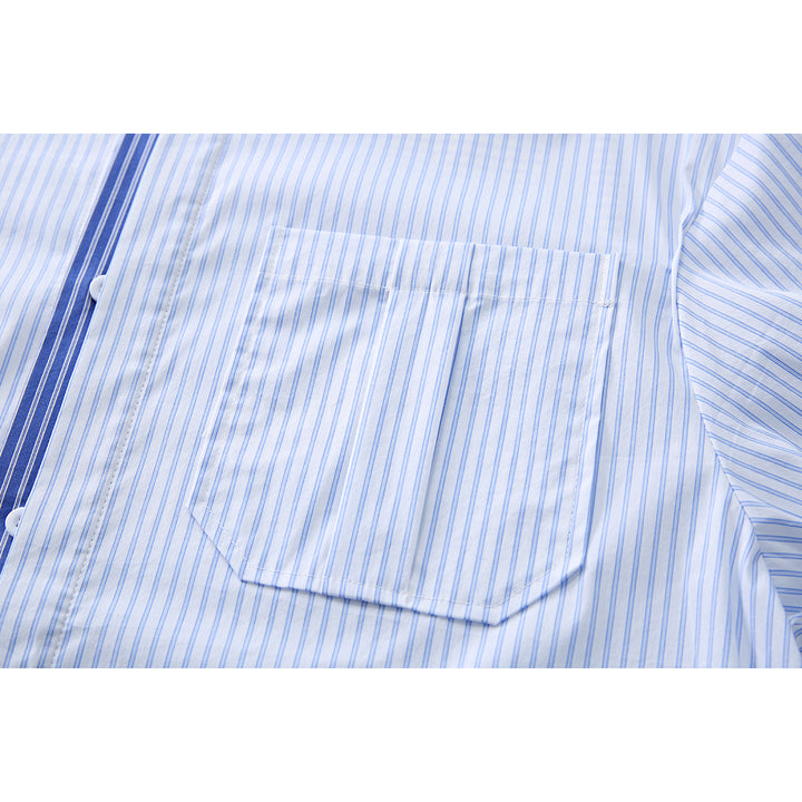 Model wearing men's blue striped short sleeve button-up shirt