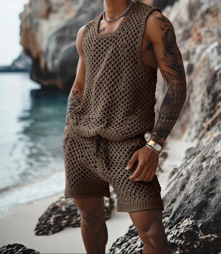 Close-up of crochet knit texture on the men's tank and shorts set