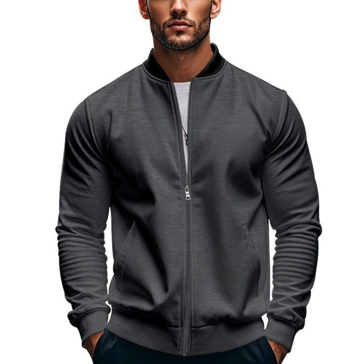Detail of the front zip on a men's bomber jacket