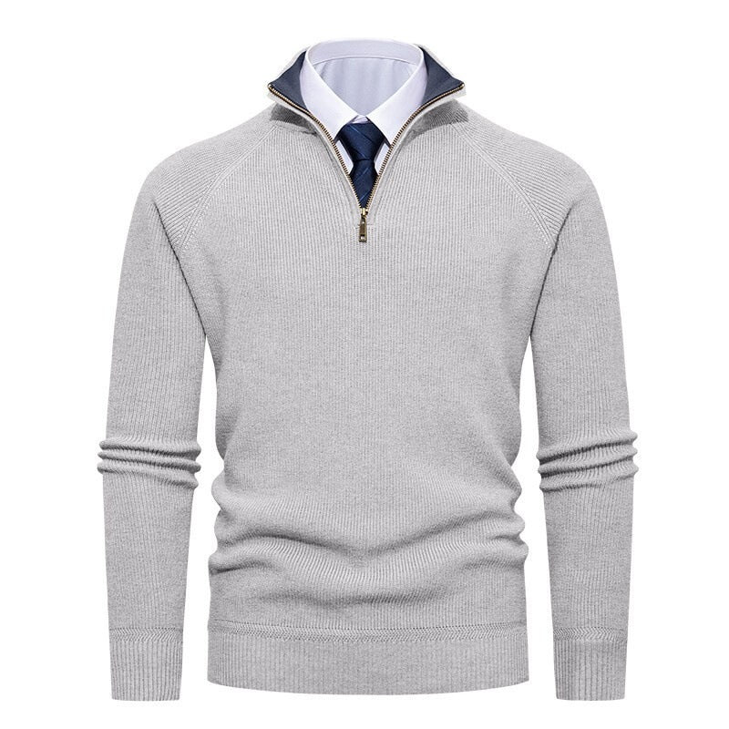 Side view showing the ribbed texture of the men's jumper