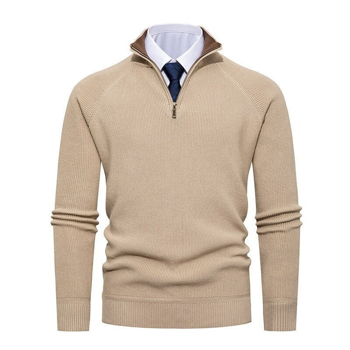 Front view of a men's fine knit half-zip jumper