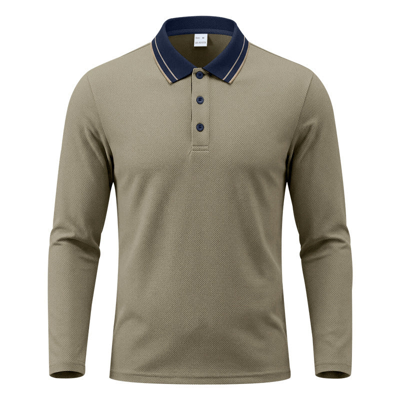 Collar detail on a men's long-sleeve polo shirt