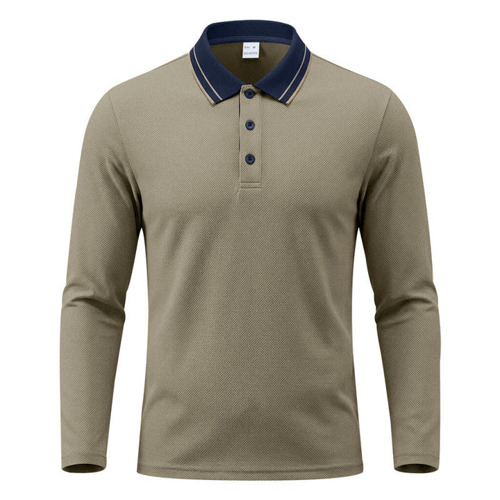 Collar detail on a men's long-sleeve polo shirt