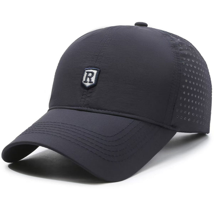 Close-up of breathable fabric on men's adjustable baseball cap