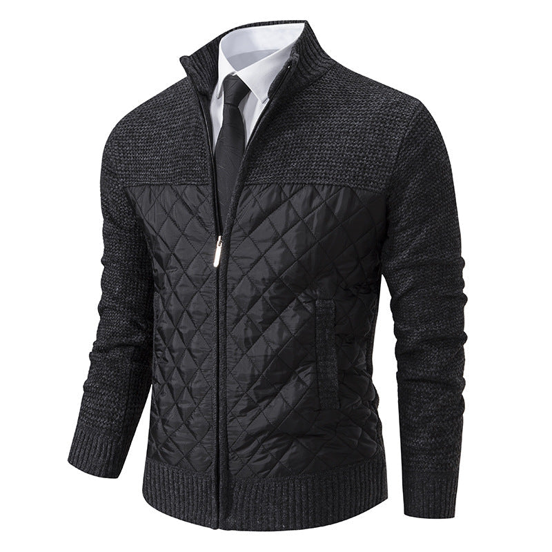 Men's zip-up hybrid jacket styled for casual layering