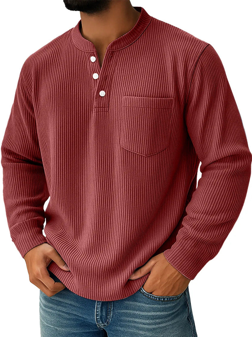 Men's Waffle Knit Henley Shirt Stand Collar Pocket