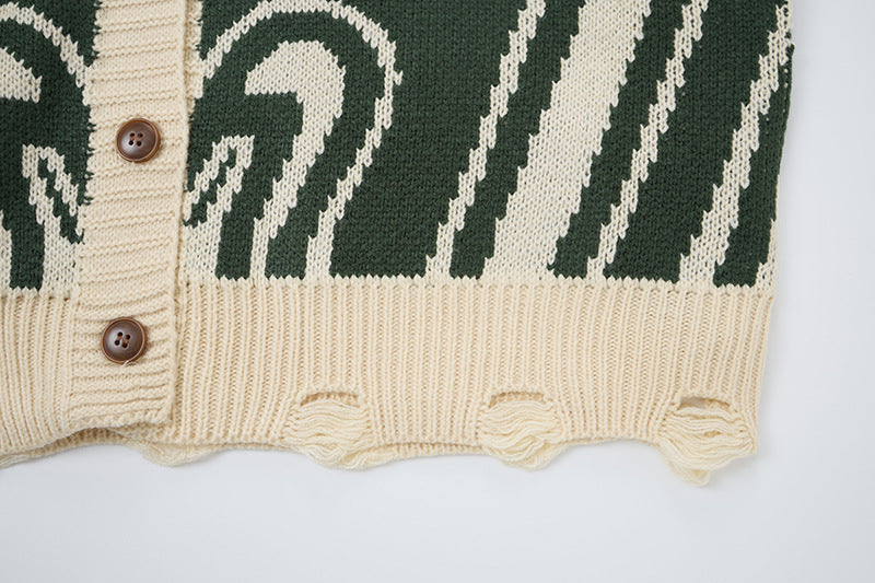 Textured knit fabric and swirl pattern on the men's cardigan