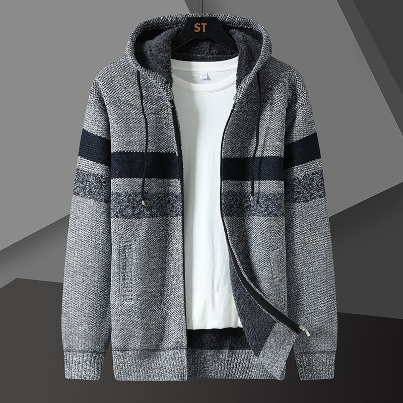 Cuffed sleeve detail on a men's knitted hooded jacket