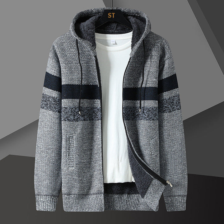 Cuffed sleeve detail on a men's knitted hooded jacket