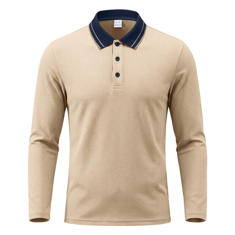 Side view of a men's long-sleeve polo shirt with a smart silhouette