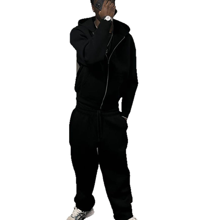 Close-up view of the zip fastening on the men's hoodie