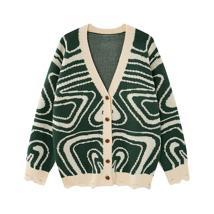 Men's oversized knit cardigan displayed with its front buttons