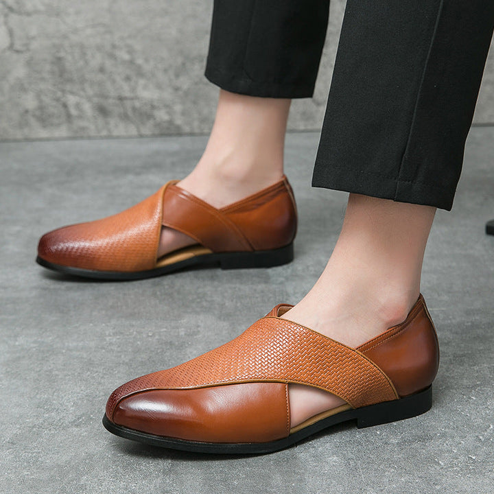 Pair of men's genuine leather loafers viewed from above
