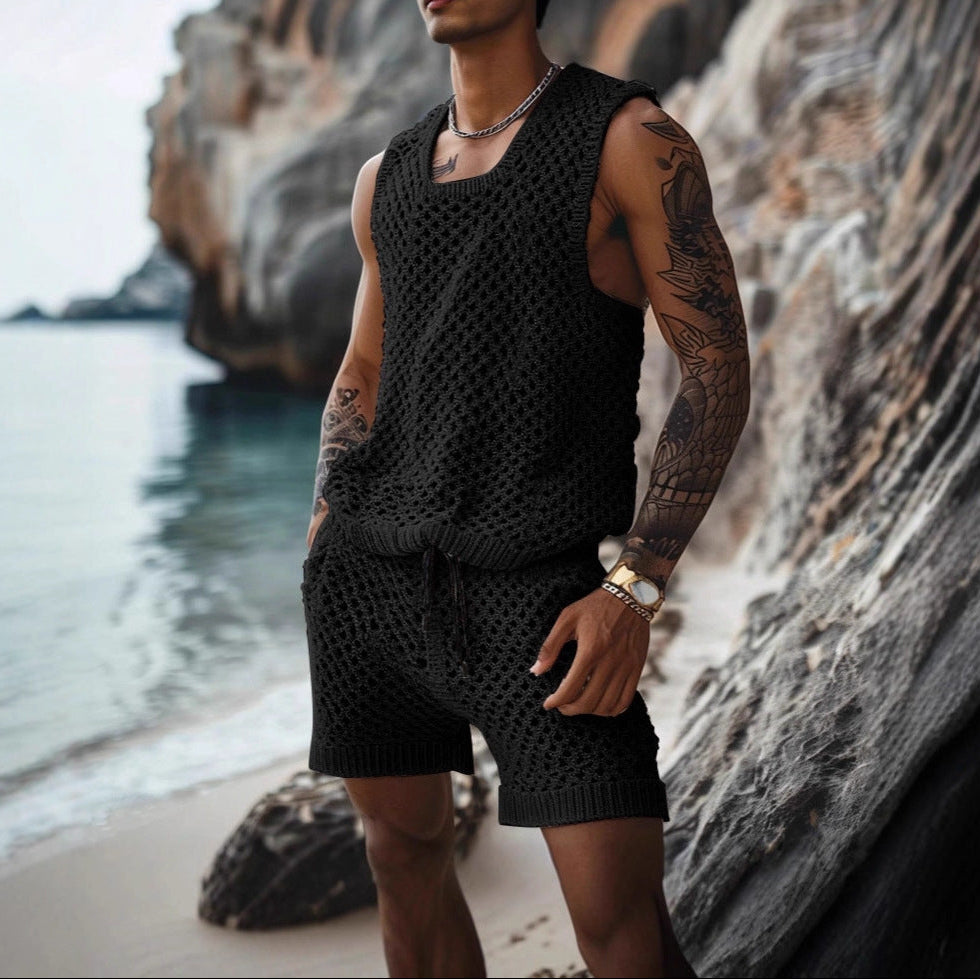 Men's summer co-ord set with crochet knit tank and elasticated shorts