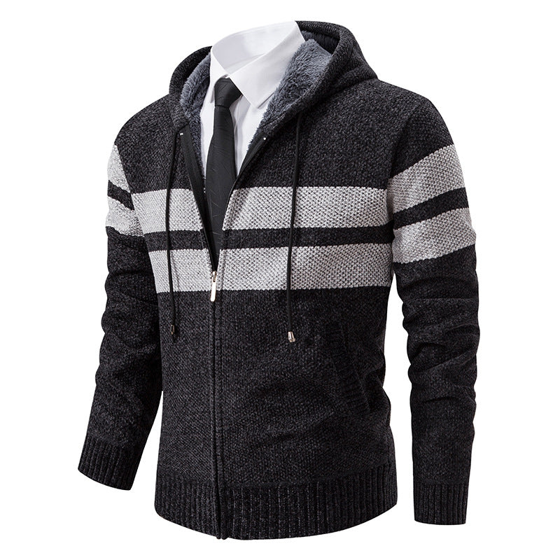 Men's Textured Knit Hooded Jacket With Teddy Lining
