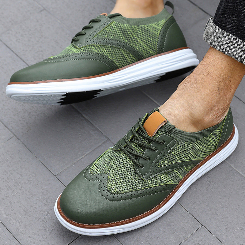 Pair of men's casual mesh leather trainers displayed from the rear