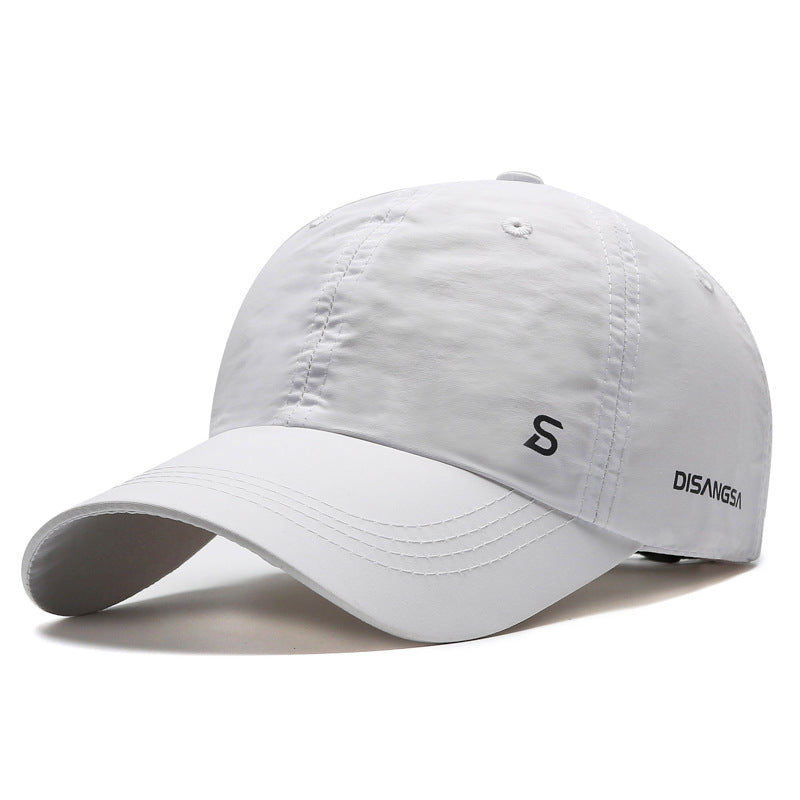 Side view of adjustable men's running cap with curved peak