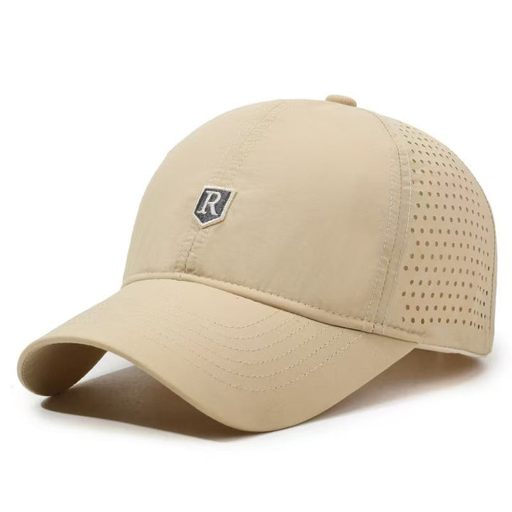 Men's sports baseball cap with curved peak, angled view