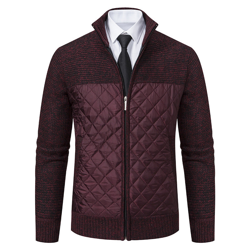 Close-up of the jacket's diamond quilting and knit texture