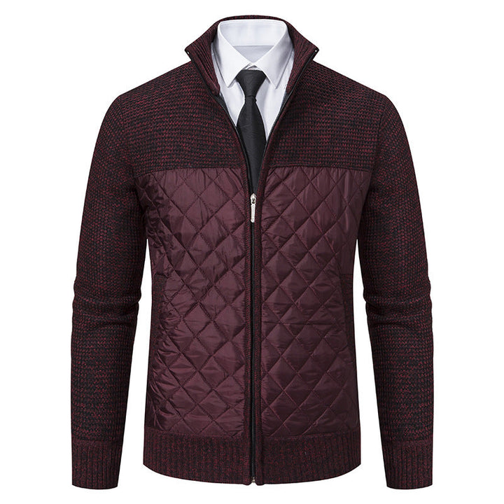 Close-up of the jacket's diamond quilting and knit texture