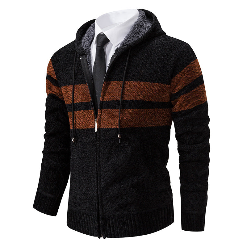 Men's Textured Knit Hooded Jacket With Teddy Lining