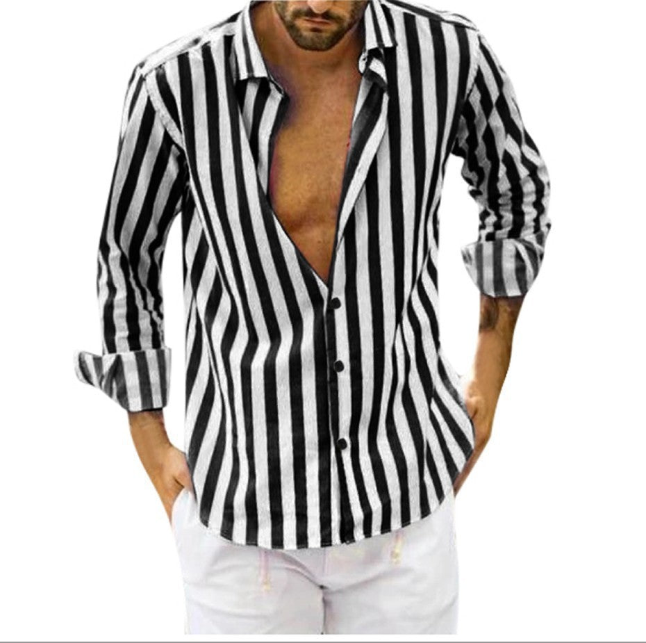 Side view of a men's slim fit vertical stripe shirt