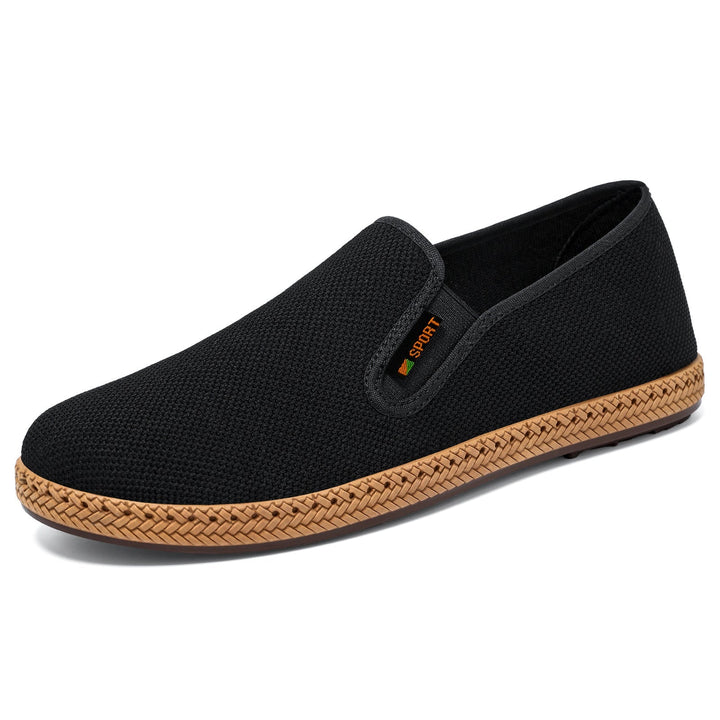 Pair of men's knitted casual shoes viewed from above