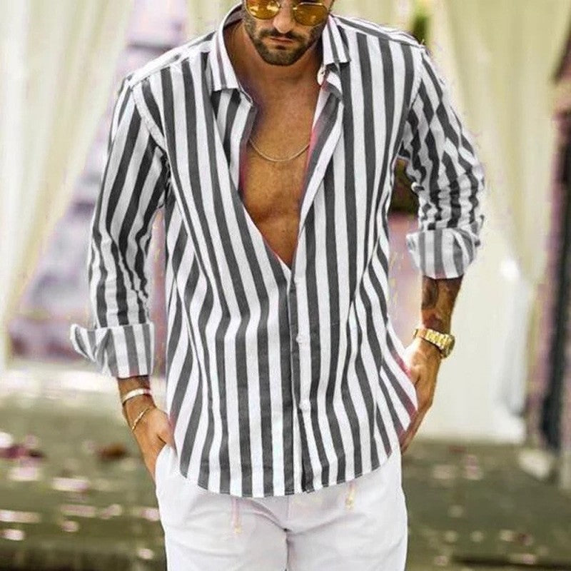 Men's slim fit vertical stripe shirt shown from the front