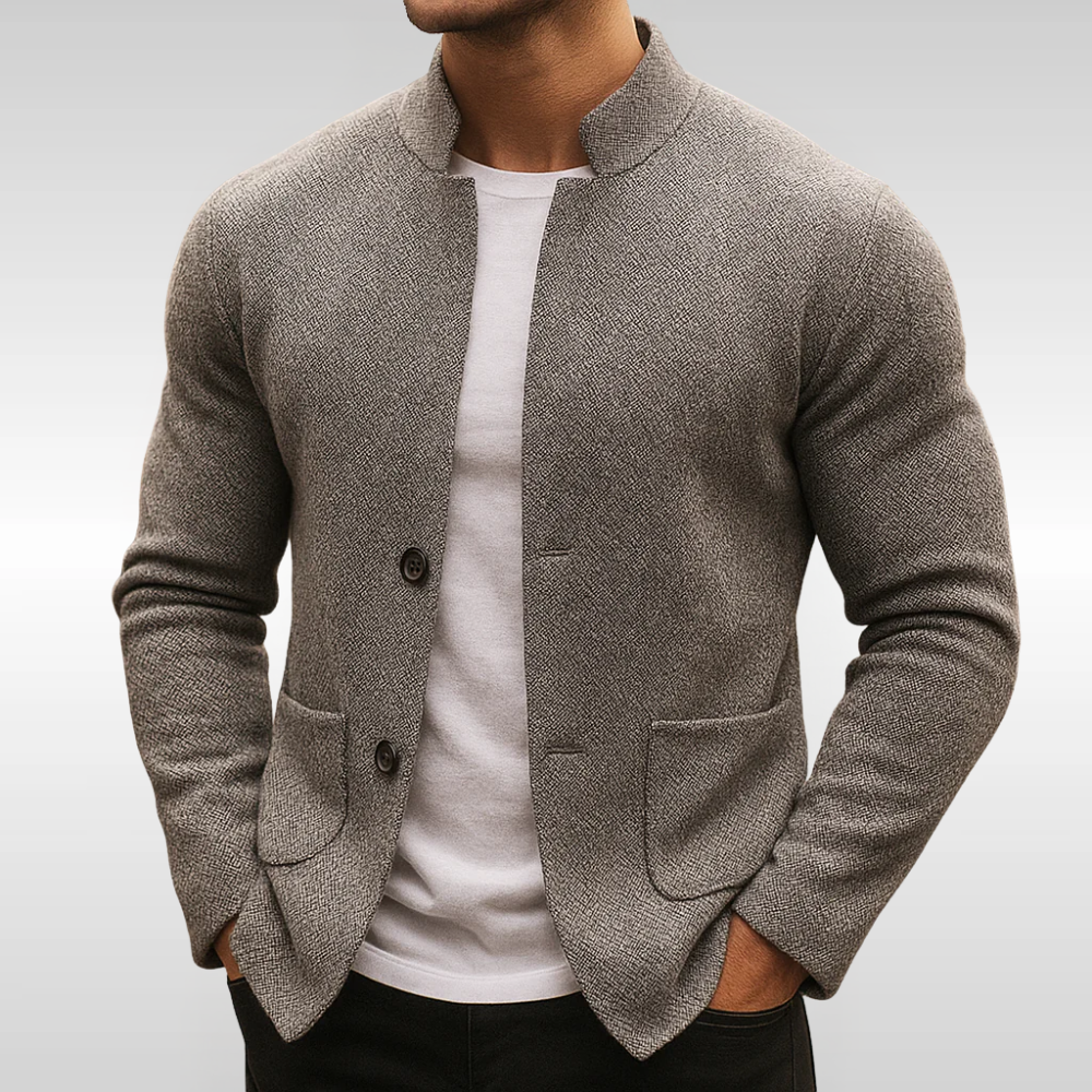 Men's textured knit cardigan shown from the front with button-up fastening