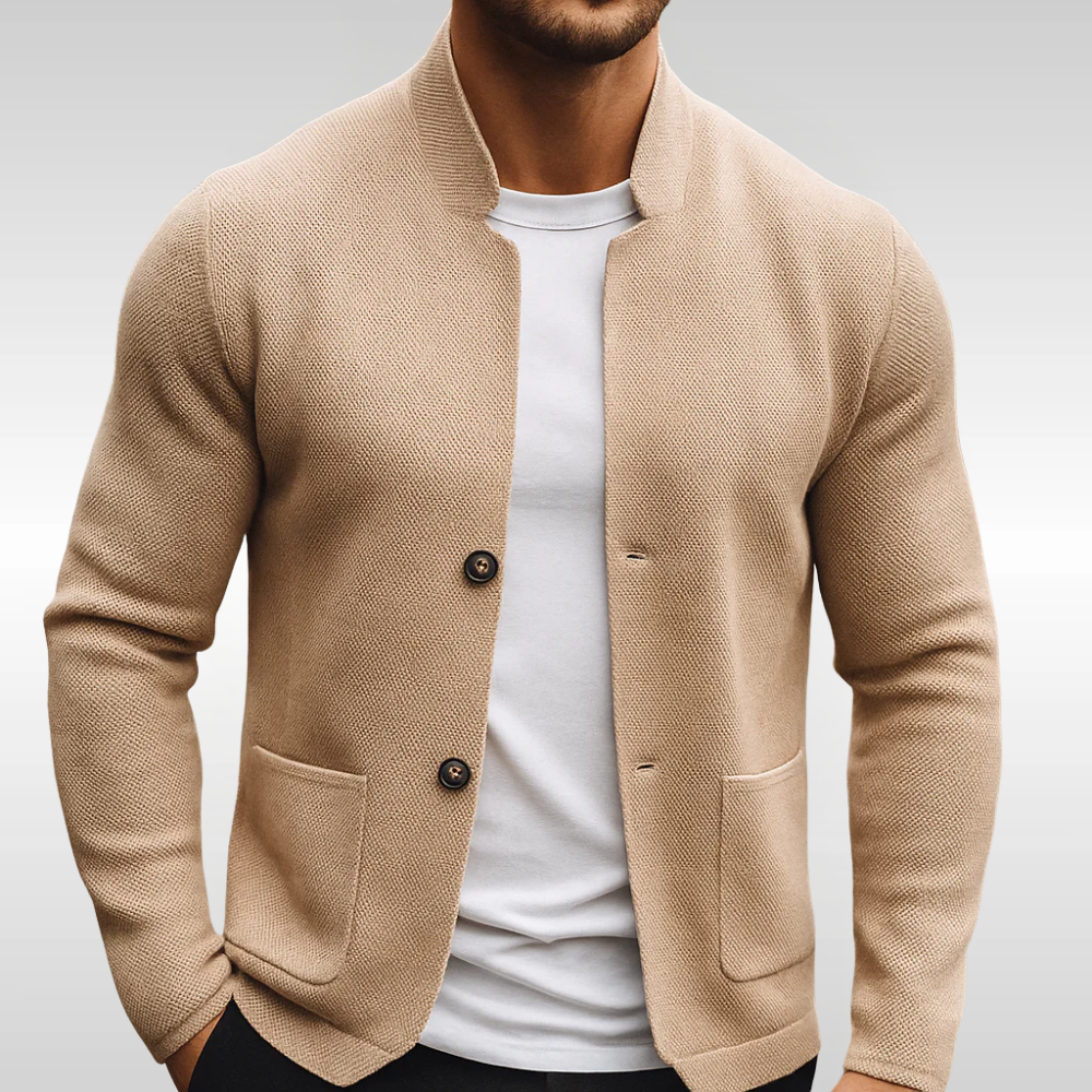 Men's textured knit cardigan from the back showing the knit pattern